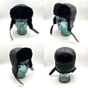 Vintage 50s DACRON Black Vinyl Leather Faux Fur Trim Snap Button Trapper Hat 22"